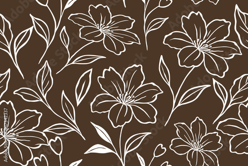 An elegant seamless floral pattern with white line-art flowers and leaves on a rich brown background, creating a warm, modern, and timeless botanical design.