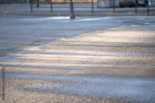Tableau sur toile Deicing chemicals on the street in winter