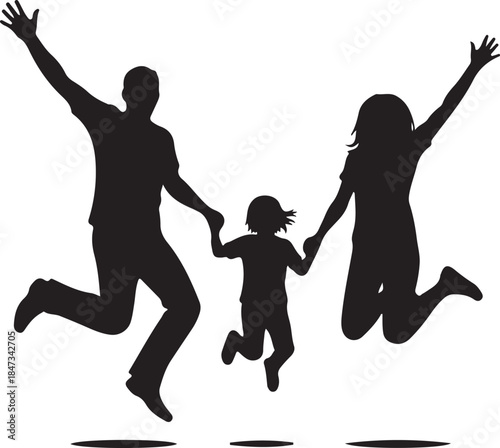 A joyful family silhouette leaps and celebrates together in a heartwarming scene