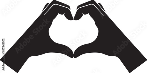 A simple black silhouette of two hands forming a heart shape