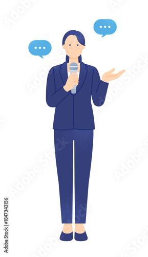 イベントの司会や講演会でスピーチする女性。マイクを持って話す講師のベクターイラスト素材。