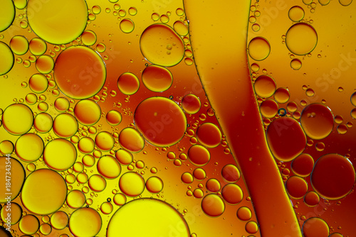 Close up of oil drops on water surface. Colorful abstract macro background of oil drops on water surface with air bubbles inside. Colorful background for gadget and computer wallpaper