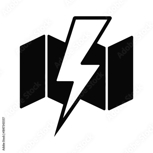 Black and white icon of a lightning bolt over a map