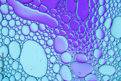 Close up of oil drops on water surface. Colorful abstract macro background of oil drops on water surface with air bubbles inside. Colorful background for gadget and computer wallpaper