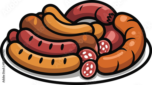 Sausage Plate Flat Vector | Meat Food Illustration