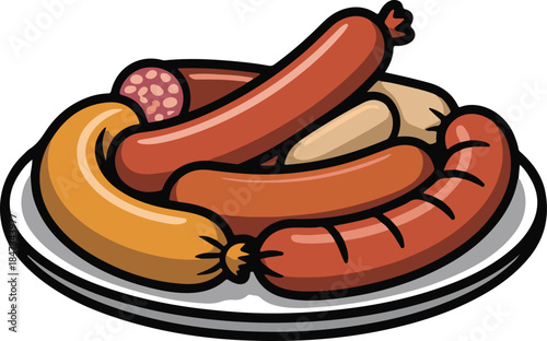 Sausage Plate Flat Vector | Meat Food Illustration