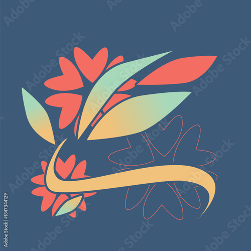 Tropical Botanical Plant with Flowers in Abstract Shape, Solarpunk Aesthetic Color , Blue Backdrop