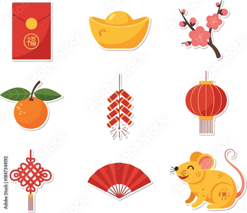 Chinese New Year Celebration Icons Prosperity and Festive Elements