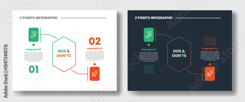 2 points step comparison opposite infographic with tall hexagon shape with up and down opposite content with dark and light version set with outline style flat