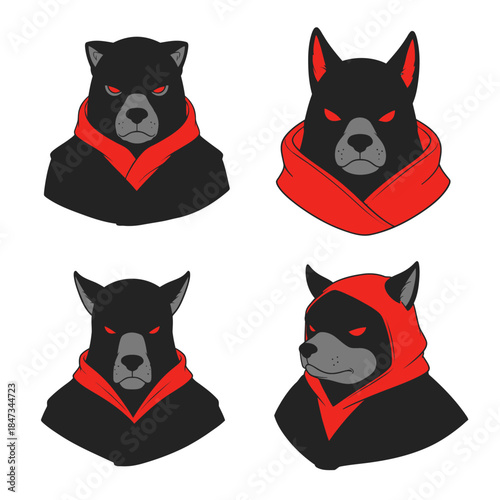 Four Black Wolf Heads with Red Hoods.
