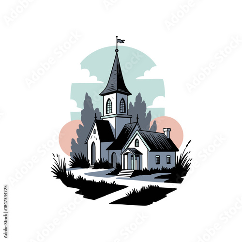 Illustration of a Church Building with Steeple.