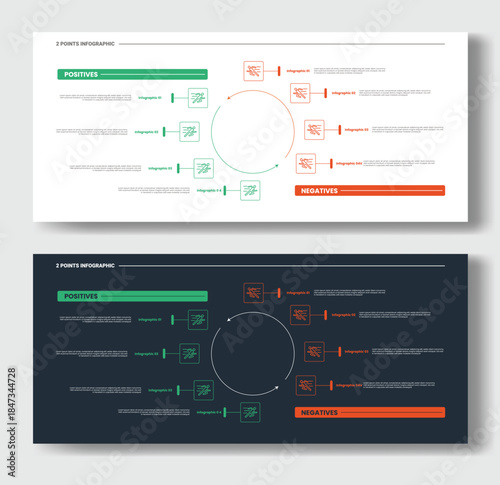 2 points step comparison opposite infographic with big circle center with content stacked list circular cycle opposite with dark and light version set with outline style flat