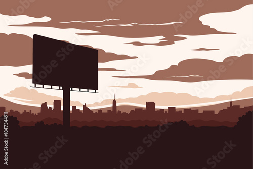 Blank billboard silhouette towers over moody sepia city skyline under dramatic clouds inviting advertising placements
