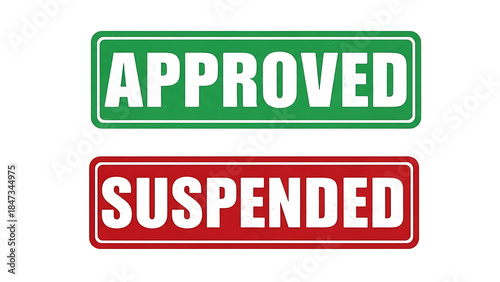 Green approved and red suspended stamp labels on white background