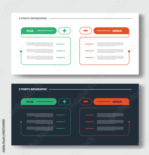 2 points step comparison opposite infographic with creative table box with open cut line with plus and minus sign with dark and light version set with outline style flat