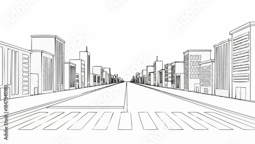 Street perspective drawing with buildings and crosswalk.