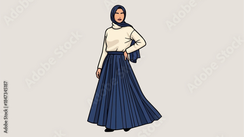 Elegant Muslim Woman in Hijab and Flowing Skirt Posing Confidently.