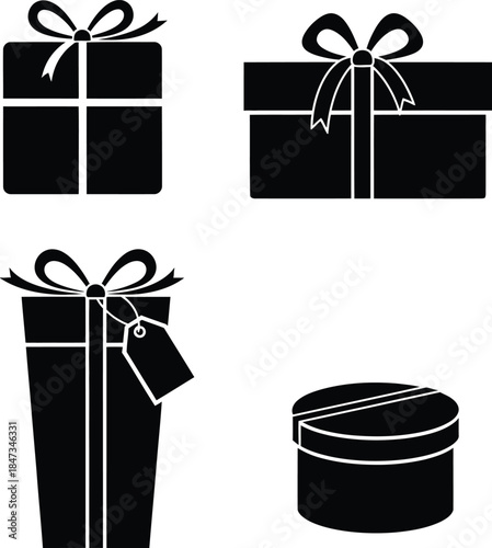 Set of gift box icon silhouette collection with ribbon and bow for birthday celebration Christmas holiday and surprise wedding anniversary black minimalist vector set.