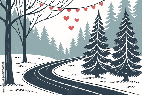 Snowy Forest Road with Christmas Lights Vector