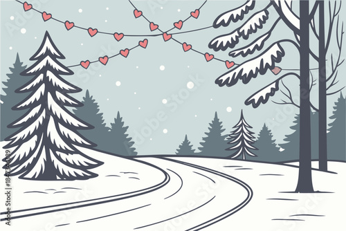 Snowy Forest Road with Christmas Lights Vector