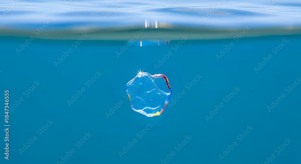 Naklejka premium Vibrant iridescent bubble floating underwater with ocean surface