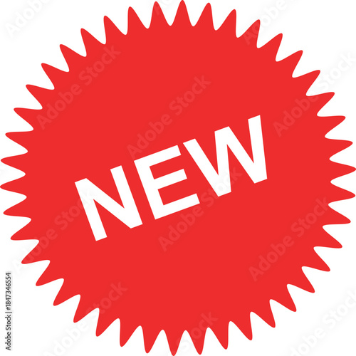 A red starburst with the word new isolated on transparent background