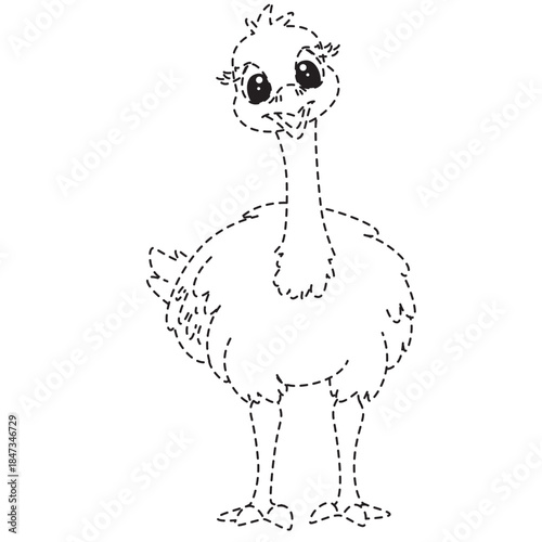 Dotted ostrich standing line art perfect for zoo themes, educational posters, and child-friendly digital illustrations.