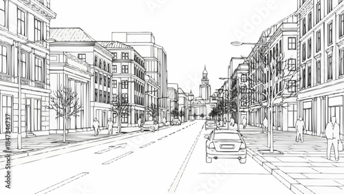 Sketch of a city street with cars and buildings.