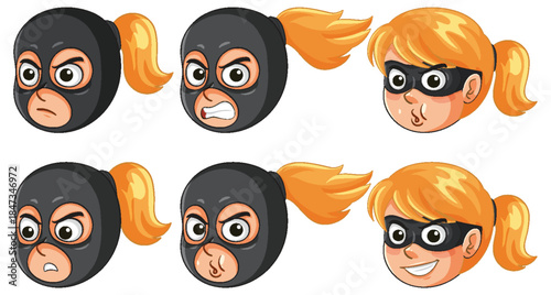 Cartoon Female Burglar Faces with Various Emotions and Expressions