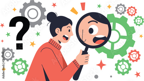 vector illustration of a curious woman holding a magnifying glass investigating gears and cogs for problem solving, research, technical analysis, and business optimization concept