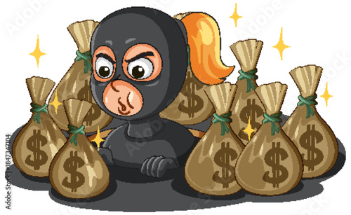 Female Burglar Surrounded by Money Bags in Cartoon Style
