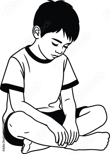 Black and white illustration of a young boy sitting cross-legged on the floor looking down in a calm thoughtful emotional pose