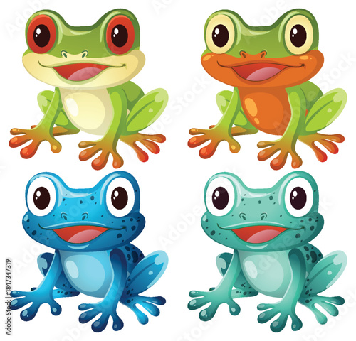 Four Colorful Cartoon Frogs in Square Composition