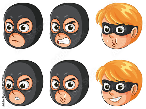 Cartoon Thief Faces with Various Expressions and Emotions