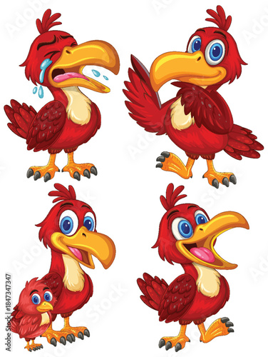 Cartoon Red Bird Character with Multiple Expressions and Poses