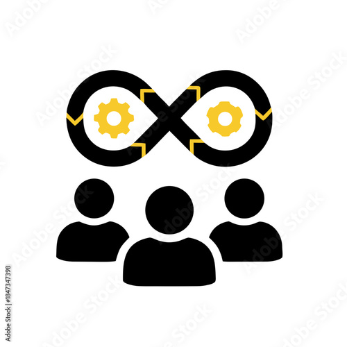 Collaborative team working on a continuous development cycle, symbolizing DevOps methodology, agile workflow, and efficient project management for technology solutions