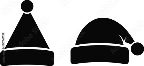 Black and white Santa hat illustration set featuring classic Christmas hat designs in simple festive winter style for holiday decoration graphics