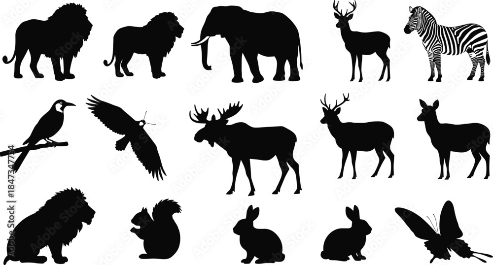 Naklejka premium Black animal silhouettes collection including lion, elephant, deer, zebra, bird, squirrel, rabbit, butterfly, moose, isolated on white background for nature and wildlife.