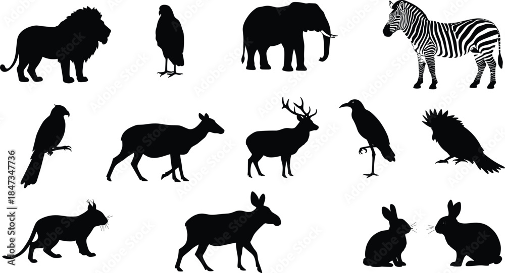 Naklejka premium Black animal silhouettes including lion, elephant, zebra, deer, parrot, moose, rabbit, and wild cat, isolated on white background for wildlife concept.