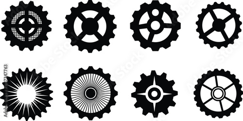 Black gear icon set, vector cogwheel symbols, mechanical gear designs, engineering parts, industrial elements, editable shapes, rotating gear collection