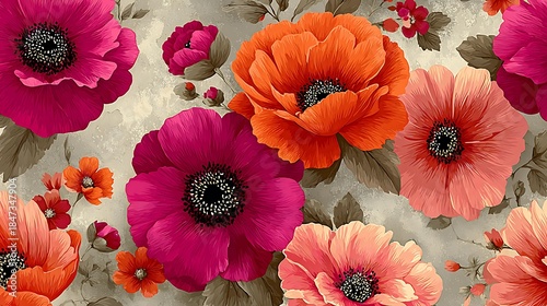 Cheerful pattern of vibrant orange and various shades of pink abstract floral shapes scattered on a soft beige background Bold Floral Prints, Cheerful Pattern Design, Modern Botanical Art