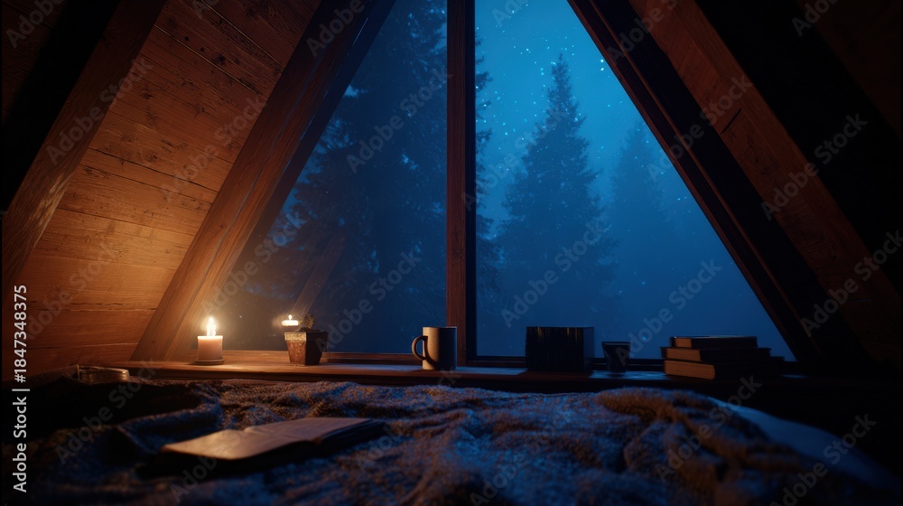 Fototapeta premium Quiet Attic Bedroom with Warm Lamp and Forest View