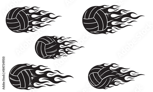 Set of five flaming volleyball graphics for sports design and decals