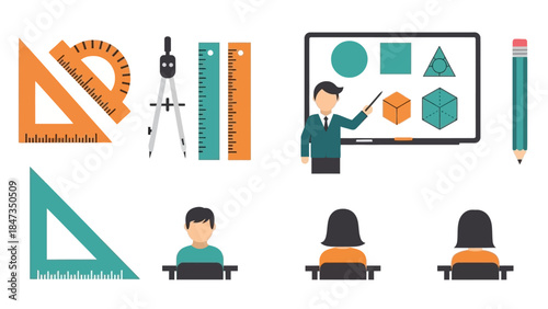 Illustration of a geometry class with a teacher explaining shapes on a whiteboard and students learning, surrounded by various math tools.