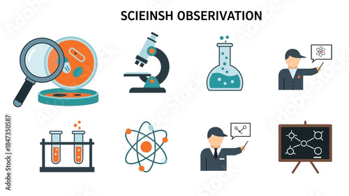 Collection of scientific observation icons including microscope, test tubes, atom, and laboratory equipment.