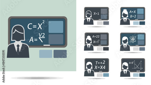 Set of flat design icons depicting female teachers in front of blackboards with various educational subjects like math and science.
