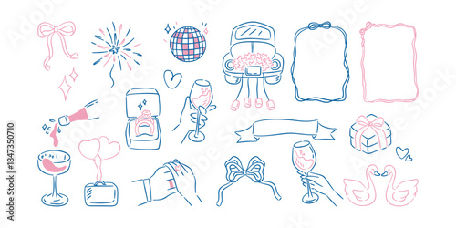Hand drawn doodle collection of wedding and engagement elements in blue and pink. Perfect for invitations and romantic designs.