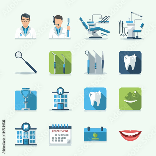 A collection of flat design dental icons featuring dentists, equipment, tools, teeth, clinic buildings, appointments, and a healthy smile.