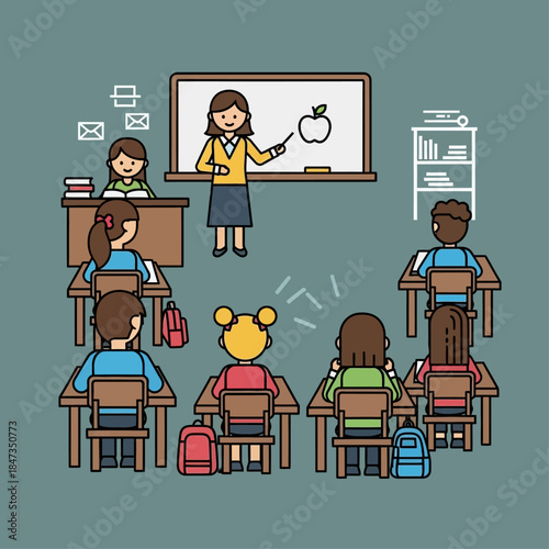 A classroom scene with a teacher instructing students at desks, pointing to an apple on a whiteboard.