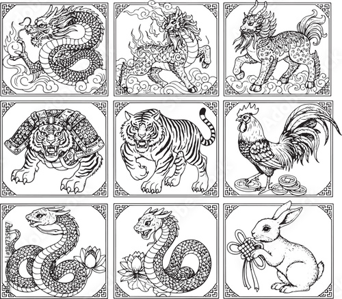Chinese zodiac animals and their distinctive appearance within framed panels, symbolizing ancient culture